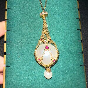 basket faux pearl pendant gold tone and red cz stones